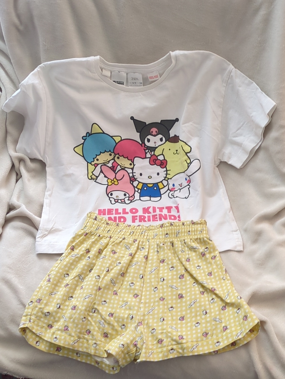 Hello Kitty White Graphic Tee with Yellow Gingham Shorts Set